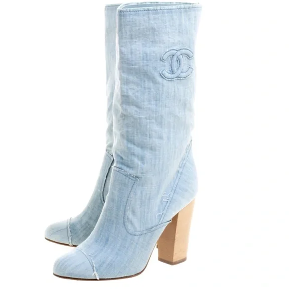 CHANEL | Shoes | Chanel Denim Powder Baby Blue Wash Mid Calf Cc